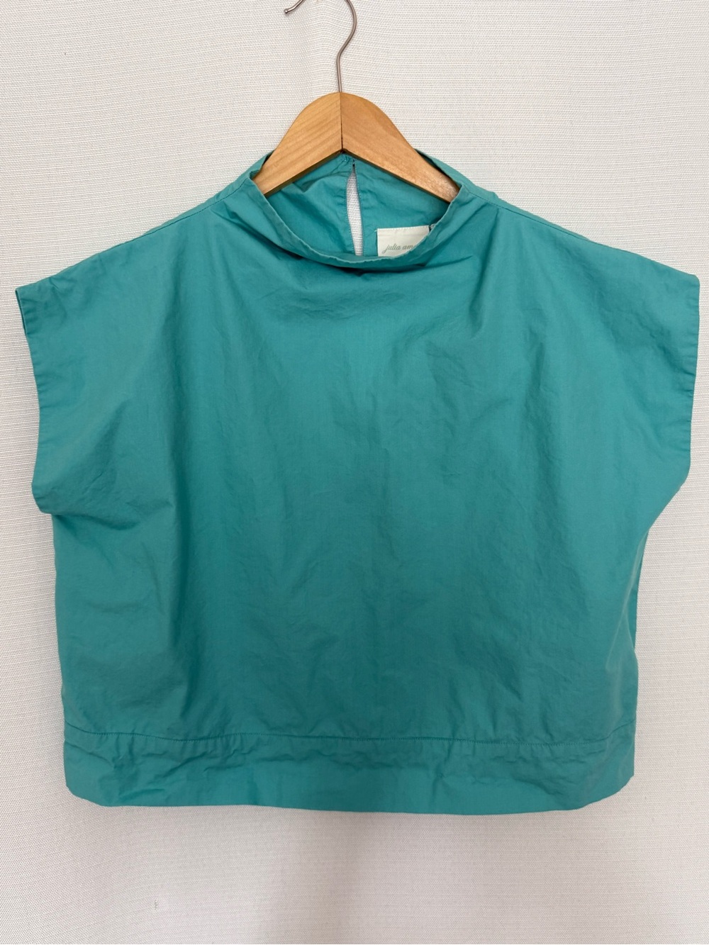 Julia Amory Teal Blue Cotton Slim Shell High Neck Cap Sleeve Crop Top XS